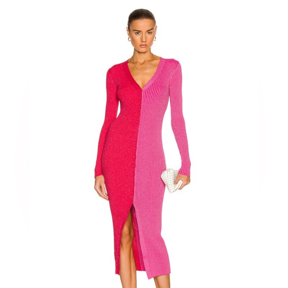 NWT: STAUD Lurex Shoko Sweater Dress Lava/Peony